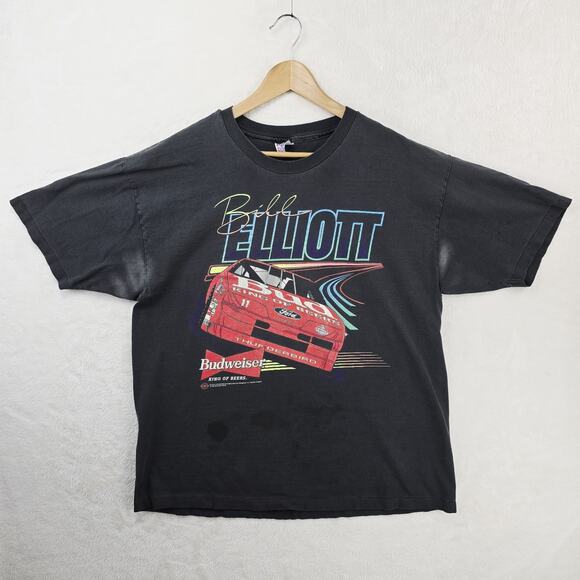 Vintage Nascar Bill Elliott Shirt XL Black Faded Stained Racing 90s Budweiser - Picture 2 of 14